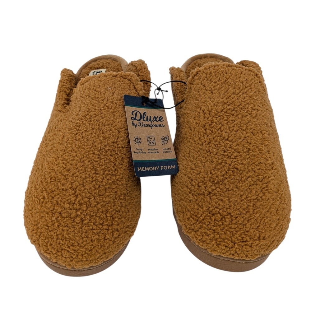 Dluxe by Dearfoams Women Sherpa Memory Foam Slippers Tan Medium 7-8 NEW